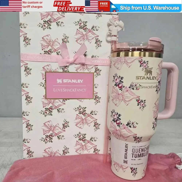 Short Title: Stanley x LoveShackFancy Quencher 40 oz Pink Butterfly Tumbler - Aifan Brands